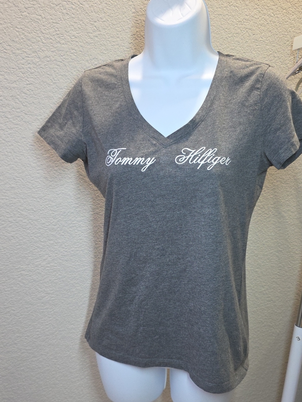 Tommy Hilfiger Gray V-Neck Script Logo Tee